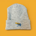 Gray beanie with an embroidered mimic poison frog design